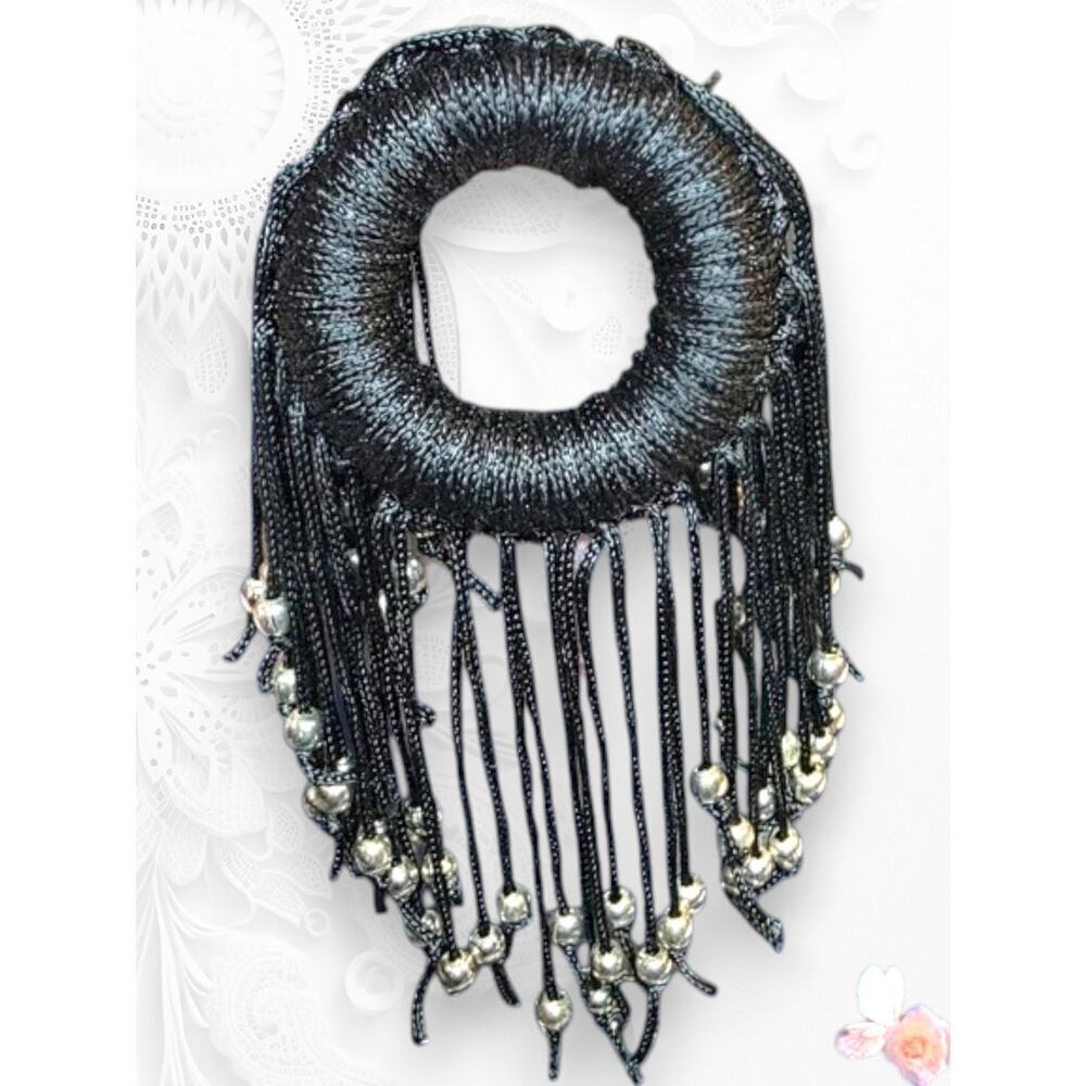Black Fringe Statement Brooch Silver Bead Tassel Boho Pin Oversized 370